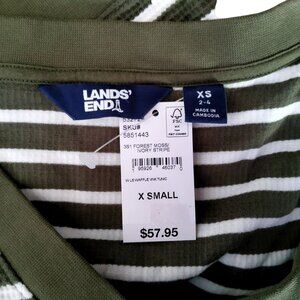 Lands End Womens XS Forest Moss & Ivory Stripe V-Neck Waffle Knit Tunic